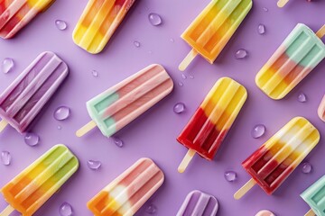Colorful assortment of rainbow popsicles on a purple background with melting ice drops, creating a refreshing summer vibe.