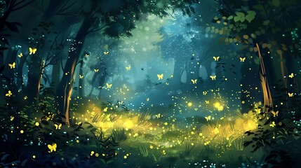 Radiant cluster of fireflies lighting up a dark forest, enchanting the night with their magical glow.