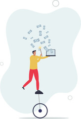 businessman expertise riding unicycle making money from computer laptop.flat vector illustration.