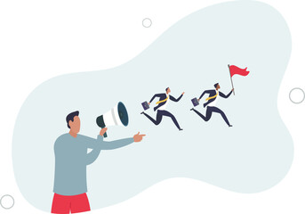 businessman boss speak on megaphone to move team forward.flat vector illustration.