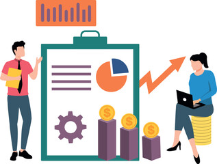 Man and woman working on dollar chart graph.