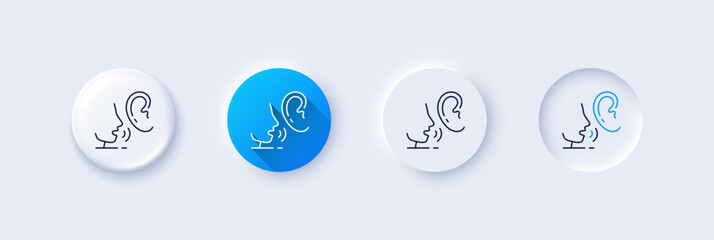 Whisper line icon. Neumorphic, Blue gradient, 3d pin buttons. Audio message sign. Hearing symbol. Line icons. Neumorphic buttons with outline signs. Vector