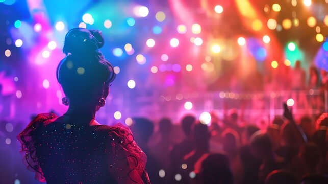 A drag queen performing on stage, with a vibrant audience and colorful lights