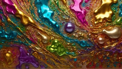 Colorful abstract painting oil and water complex complicated bright vivid colors beautiful opulent wealthy intricate all hues primary secondary and tertiary colors pink peridot sky blue lilac green ma