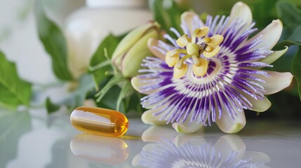 Sleep Aid Capsule and Passionflower A single sleep aid capsule next to a passionflower, symbolizing natural sleepenhancing ingredients