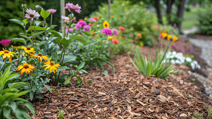 Flowers mulched with bark chips in garden