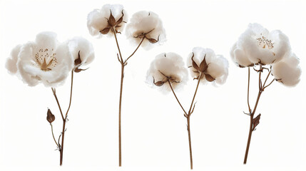 Fluffy cotton flowers isolated on white set