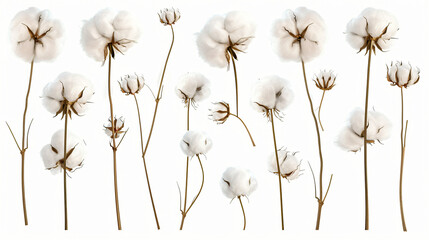 Fluffy cotton flowers isolated on white set