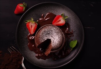 Fondant with hot chocolate and strawberries. AI generated
