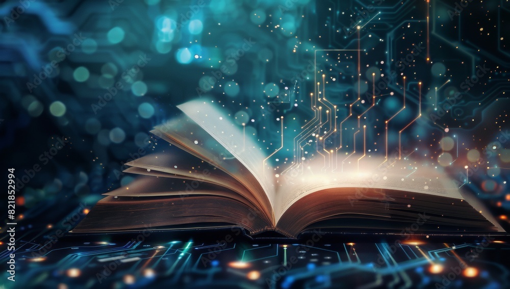 Wall mural an open book with pages turning into digital data streams, representing the integration of technolog