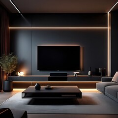 Fototapeta premium LED TV , Modern Living Room , Dark Lights 