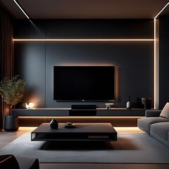 LED TV , Modern Living Room , Dark Lights 