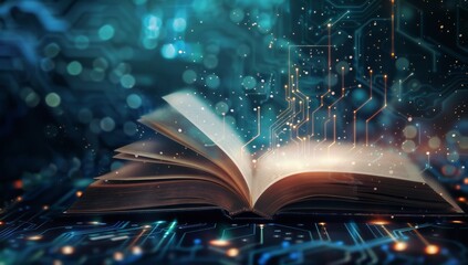 An open book with pages turning into digital data streams, representing the integration of technology and education in AI educational tools.