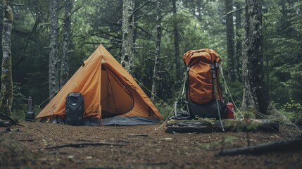 Fire and smoke above the barbecue or barbeque in forest nature close to the camping tent.