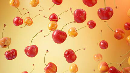 Fresh cherries flying on pale orange background