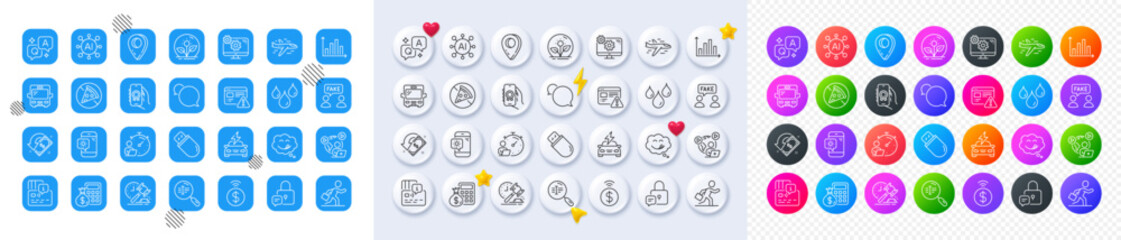 Bus, Timer and Search text line icons. Square, Gradient, Pin 3d buttons. AI, QA and map pin icons. Pack of Finance calculator, Messenger, Internet warning icon. Vector