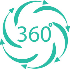 Teal 360 degree symbol with circular arrows, illustrating panoramic rotation or viewpoint concept