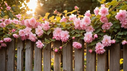 Wooden fence with pink flowers growing on it - Powered by Adobe