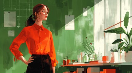 Illustration of a confident woman in an orange shirt standing indoors, surrounded by greenery and light.