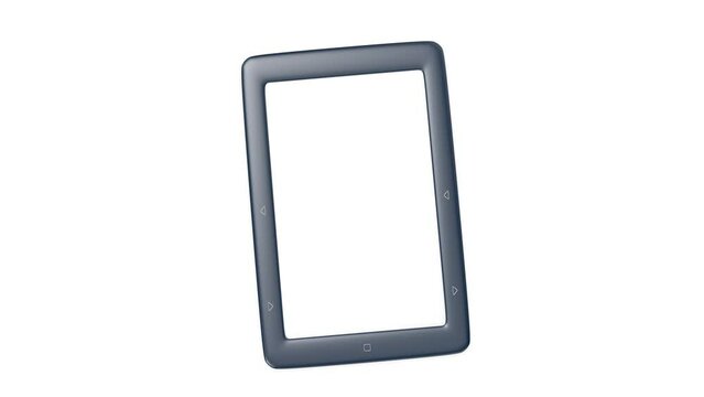 Blue e-book reader with blank display on white background