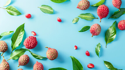 Fresh lychees with green leaves falling on light blue background