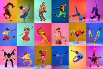 Dynamic collage. Talented young people, dancers, men and woman, dancing in freestyle in motion in...