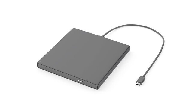Portable optical disc drive with USB-C cable on white background