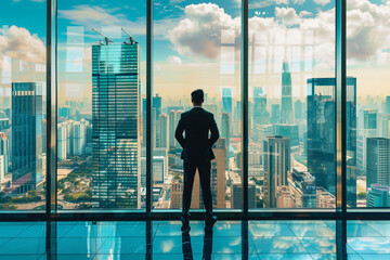 Fototapeta premium Successful business man standing alone looks at modern downtown high-rises Businessman looking out of window at big city view 