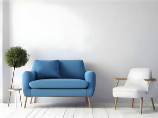 Living room with white blank wall white mockup. with pillow Oxford Blue Armchair. Scandinavian modern interior design. 3D rendering