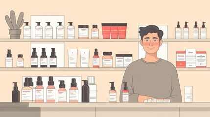 Illustration of a young man with a confident smile standing at a cosmetic counter with various products displayed.