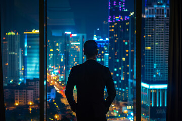 Successful businessman looking out of window at big night city view Business man standing alone looks at modern downtown high-rises 