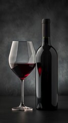 Red Wine Bottle and Glass on Black Background. Generative ai