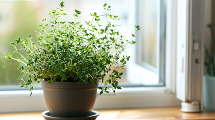 Fresh potted thyme on windowsill indoors. Space for text