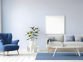 Living room with white blank wall white mockup. with pillow Oxford Blue Armchair. Scandinavian modern interior design. 3D rendering