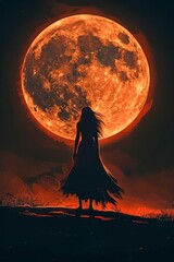 Silhouette of Witch with Full Moon Background. Generative ai