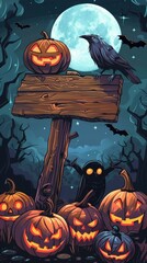 Halloween Scene with Wooden Sign and Raven. Generative ai