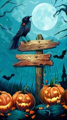 Halloween Scene with Wooden Sign and Raven. Generative ai