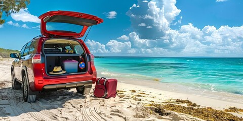Red SUV with open trunk parked on a sunny beach. Luggage and travel essentials ready for a seaside getaway under blue skies.
