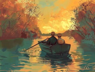 Obraz premium An LGBTQ couple enjoying a romantic boat ride on a serene lake