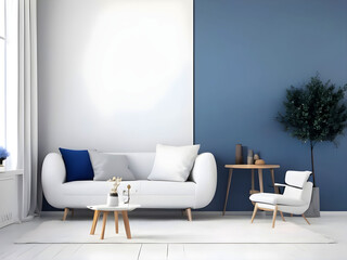 Living room with white blank wall white mockup. with pillow Oxford Blue Armchair. Scandinavian modern interior design. 3D rendering