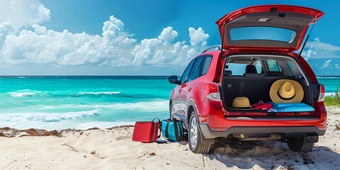 Red car parked on a beautiful sandy beach near turquoise sea with open trunk, luggage, and beach items, perfect for a summer vacation.
