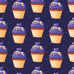 Sweet baked cupcake with purple cream and frosting. Vector seamless cartoon pattern with sweets.