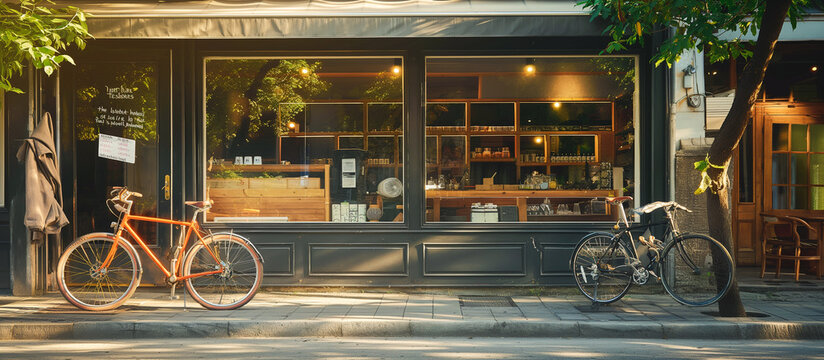 cafe coffee shop small concept with glass window facade and bicycle in front