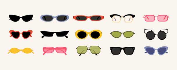 Stylish sunglasses. Fashionable modern eyewear icons, trendy different lens plastic frames, cartoon eye protection accessory. Vector isolated set