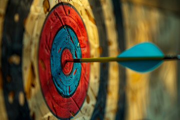 Successful real estate sales concept, featuring a symbolic arrow hitting the bullseye on a target, representing the achievement of a sales goal in the perfect location for a house 