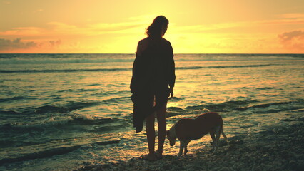 A person is standing on a sandy beach, with waves crashing in the background, next to a dog. The person is looking out towards the sea while the dog appears to be enjoying the surroundings.