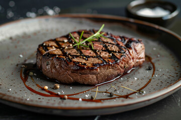 Succulent grilled beef steak with perfect sear marks, served on a rustic plate against a dark, elegant backdrop, exuding a luxurious and gourmet dining experience 