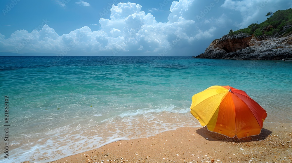 Wall mural a beach scene with crystal clear water, golden sand, and a colorful beach umbrella, capturing the es