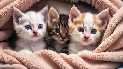 Playful kittens form endearing bundle, sharing warmth within their blanket sanctuary