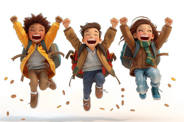 Excited interracial Cartoon characters schoolkids with backpacks jumping on white background